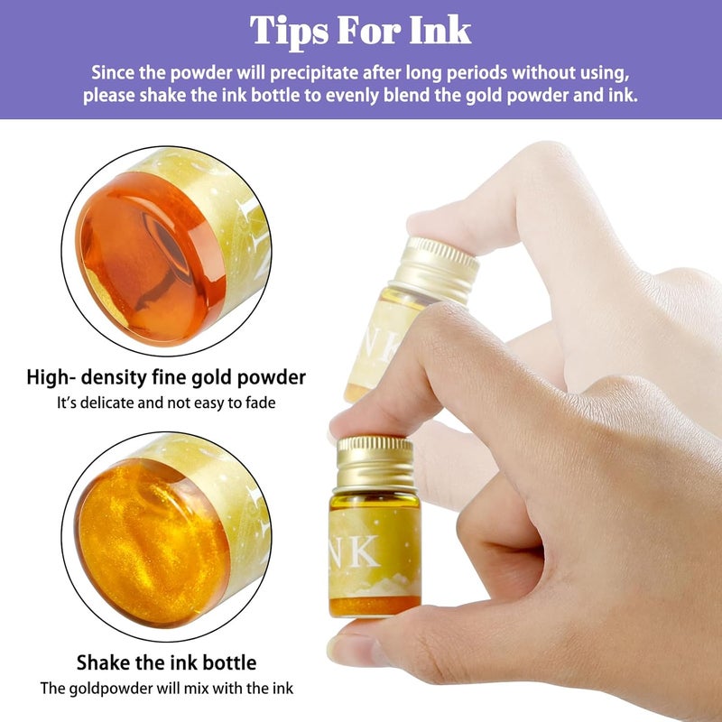 PDCTACST Glass Dip Pen Ink Set, 16pcs Fountain Calligraphy Pens Set, 2 Crystal Signature Glass Pen, 12 Gold Powder Drawing Ink Drip Tool for Art Writing Signatures Beginners Valentines Day Gift - Image 3